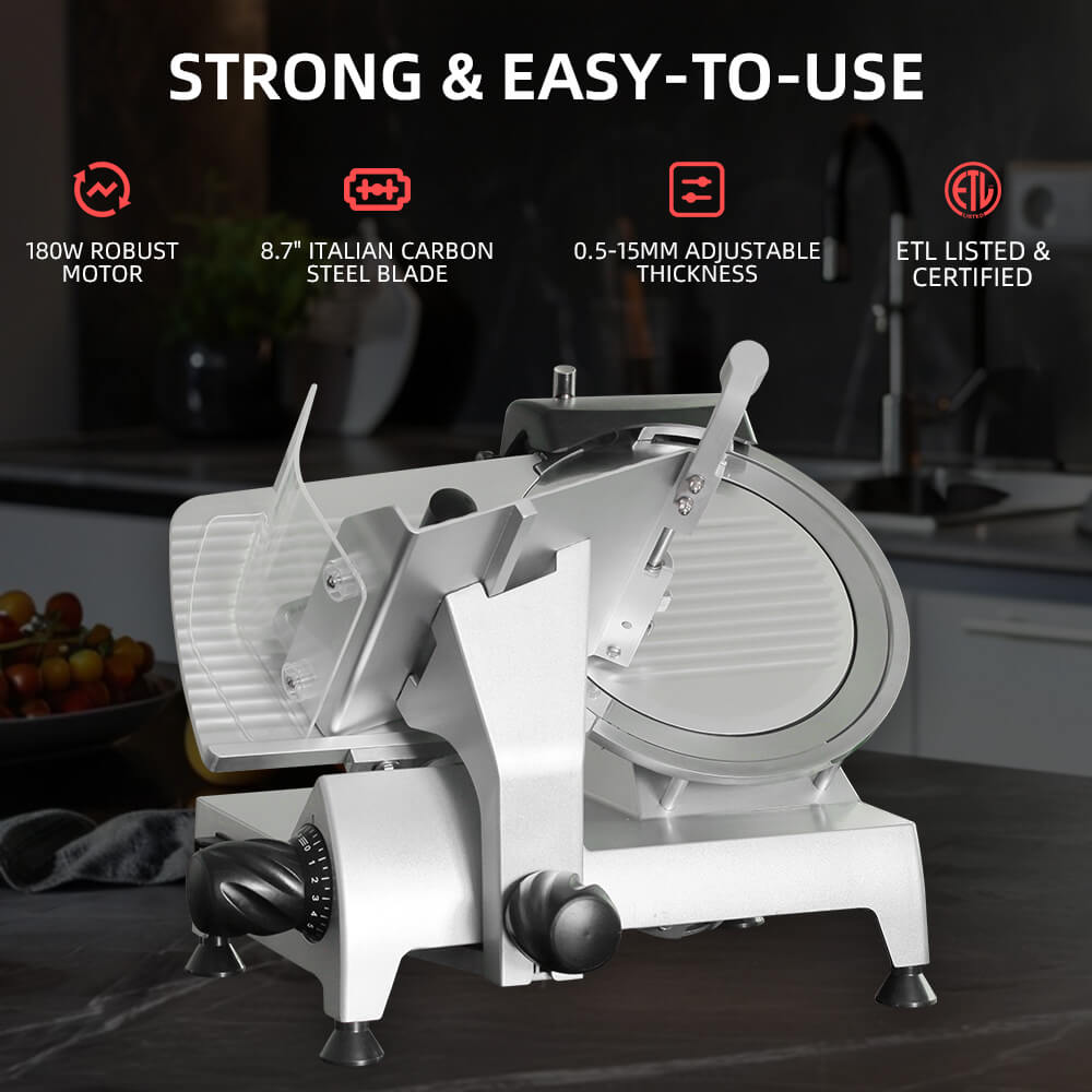 8.7" Electric Meat Slicer, 180 W, Stainless Steel, Consistent and Thin Slices